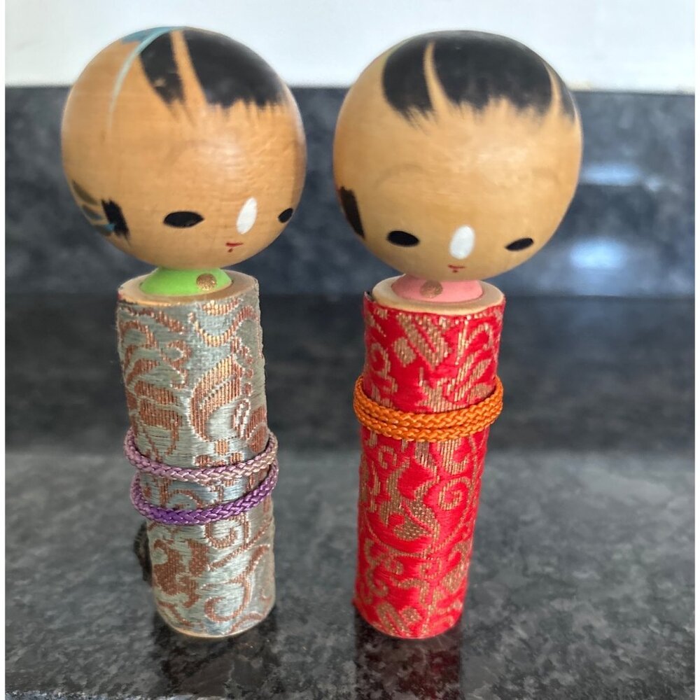 Vintage Wooden Kokeshi Dolls Fabric Body Painted Face Moving Head Bobble Mini